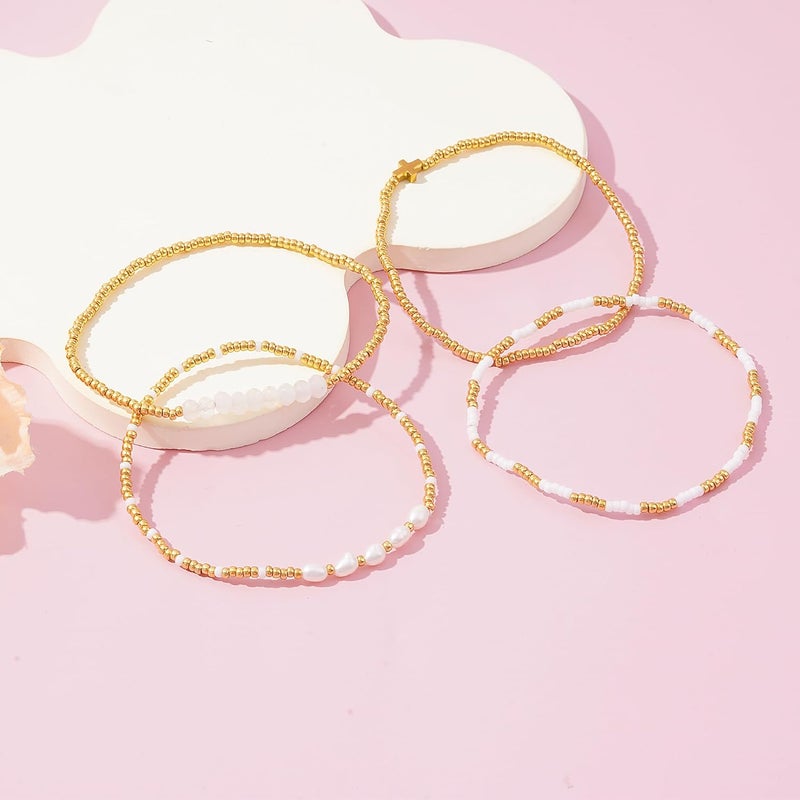 Pymach Store Dainty Gold Plated Pearl Crystal Beaded Bracelets Set for Women 14K Gold Plated Bead Pearl Beads Bracelet Stackable Paperclip Link Chain Bracelets Gold Plated Bracelets for Women Trendy Jewelry - Image 2
